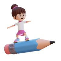 3D girl character standing riding a pencil png