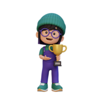 3D girl character celebrating win holding a trophy png