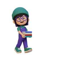 3D happy girl character holding book png