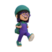 3D happy girl character walking go to school holding bag png