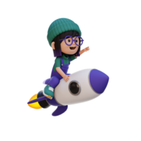 3D girl character riding a rocket and pointing hand png