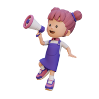 3D cute girl Character jumping and talking on Megaphone png