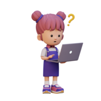 3D cute girl character confused on a laptop png