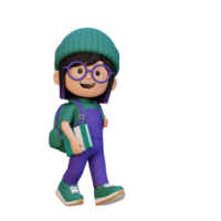 3D happy girl character walking go to school holding book png