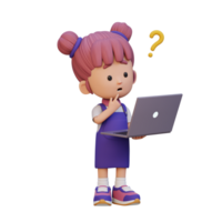 3D cute girl character confused on a laptop png