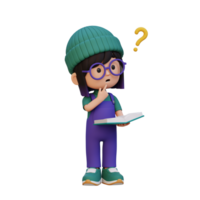 3D girl character get confused when reading a book png