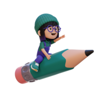 3D girl character riding a pencil and pointing hand png
