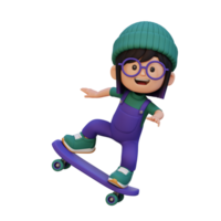 3d ragazza personaggio cavalcata skateboard png