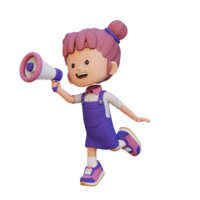 3d mignonne fille personnage sauter et parlant sur mégaphone png