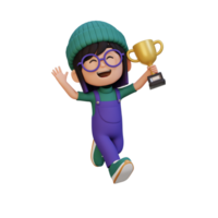 3D girl character celebrating win holding a trophy png