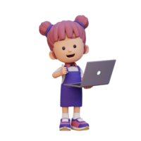 3D cute girl character give a thumb up while holding a laptop png