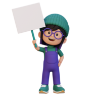 3D girl character holding a blank placard png