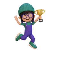 3D girl character celebrating win holding a trophy png