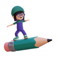 3D girl character standing riding a pencil png