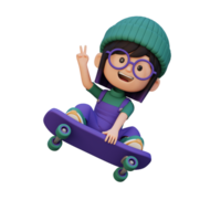 3D girl character ride skateboard png