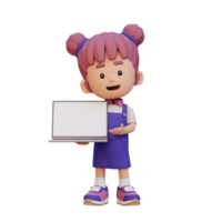 3d menina personagem segurando e apresentando para uma computador portátil com esvaziar tela png