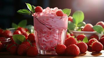 AI generated Strawberry creamy drink cocktail with cream in a glass and strawberries photo