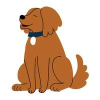 A cute brown shepherd is sitting smiling and happy. Vector simple flat hand-drawn clipart. A big pet, a human friend. A dog with a collar isolated on a white background. Cartoon character