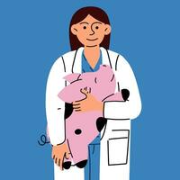 A female veterinarian with a pig in her arms. Vector illustration of animal care. Flat style. A doctor in a uniform and a medical coat with a pig on a blue background. International Veterinarian's Day