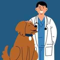 un contento masculino veterinario es caricias un perro. vector ilustración de animal cuidado. plano estilo. un médico en un uniforme y un médico Saco con un perro en un azul antecedentes. internacional del veterinario día