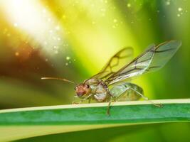 Close up macro of giant ant with wing on the leave. photo