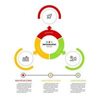 Vector chart divided into 3 colorful parts. Concept startup development strategy. Simple flat infographic for business information visualization.