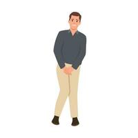 Stressed man standing and want to pee. Anxious guy with a full bladder need a toilet, desperation and stress. vector