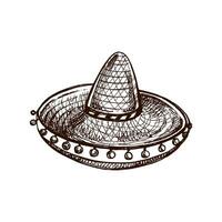 Hand-drawn sombrero sketch. Vintage drawing of hat. Vector black ink outline illustration. Mexican culture, clothes, Latin America.