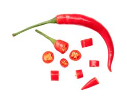 Curved fresh red chili pepper with slices isolated with clipping path in png file format. Top view and flat lay