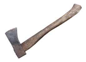 Old rust dirty dark gray axe with brown wooden handle isolated with clipping path in png file format