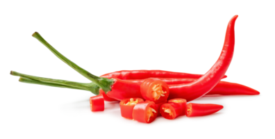 Fresh red chili peppers in stack with slices isolated with clipping path and shadow in png file format. Front view and flat lay