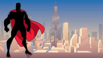 Superhero Standing Tall in City Silhouette vector