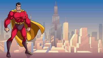 superhéroe en pie alto en ciudad vector