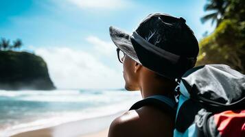 AI generated a photograph of traveler or backpaker in the beach with a many style and many angle photo