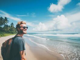 AI generated a photograph of traveler or backpaker in the beach with a many style and many angle photo