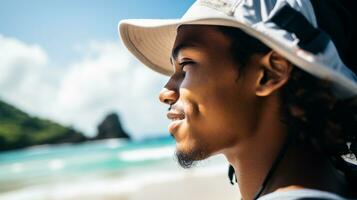 AI generated a photograph of traveler or backpaker in the beach with a many style and many angle photo