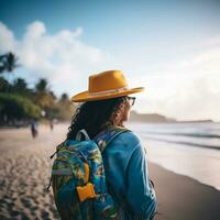 AI generated a photograph of traveler or backpaker in the beach with a many style and many angle photo
