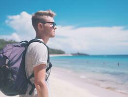 ai generado un fotografía de viajero o mochilero en el playa con un muchos estilo y muchos ángulo foto