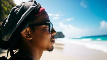 AI generated a photograph of traveler or backpaker in the beach with a many style and many angle photo