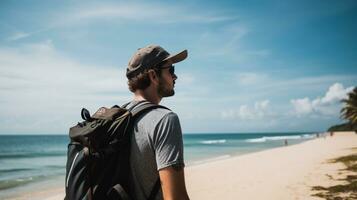 AI generated a photograph of traveler or backpaker in the beach with a many style and many angle photo