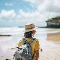 AI generated a photograph of traveler or backpaker in the beach with a many style and many angle photo
