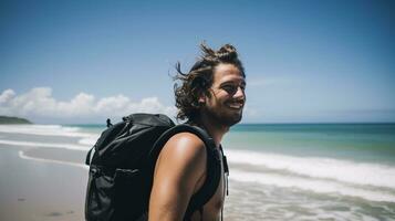 AI generated a photograph of traveler or backpaker in the beach with a many style and many angle photo