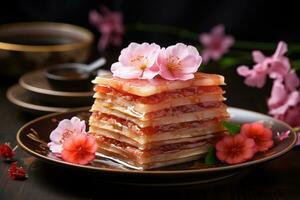 AI generated Chinese New Year cake  sliced and stacked to showcase its layers photo