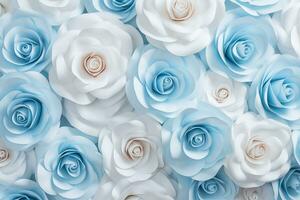 AI generated Delicate blue roses on a peach background, perfect for romantic occasions and celebrations. photo