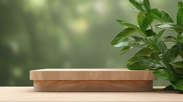 AI generated Minimalist wooden stand on bright background with vibrant green plant, perfect for product display photo