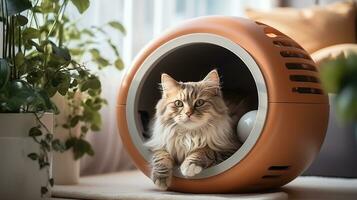 AI generated Elegant cat in round orange pet pod, chic cat bed, trendy home decor with plants photo