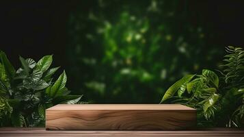 AI generated Elegant wooden podium on dark background with lush green leaves for award ceremonies and presentations photo