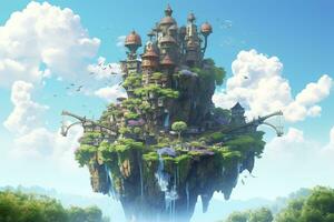 AI generated Ancient Heavenly Floating island in the sky with a castle, vibrant, fantasypunk, AI Generative photo