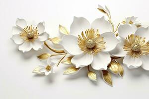 AI generated 3d gold flowers white backgroung. AI Generated photo