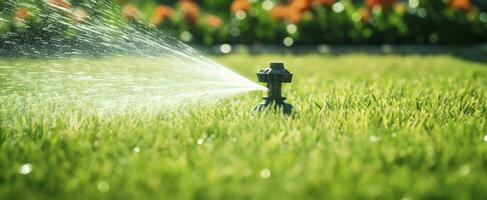 AI generated Automatic garden lawn sprinkler in action watering grass. AI Generated photo